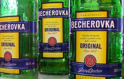 The distinct blue green and gold of Becherovka