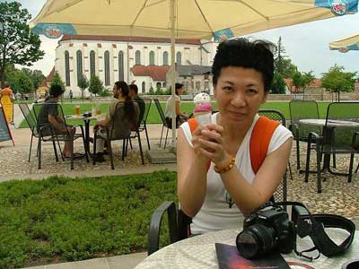 Enjoying an ice cream outside the monastery cellars in Litomyšl