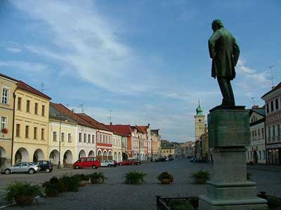 Statue of Bedrich Smetana overlooking the square named in his honour, Litomysl